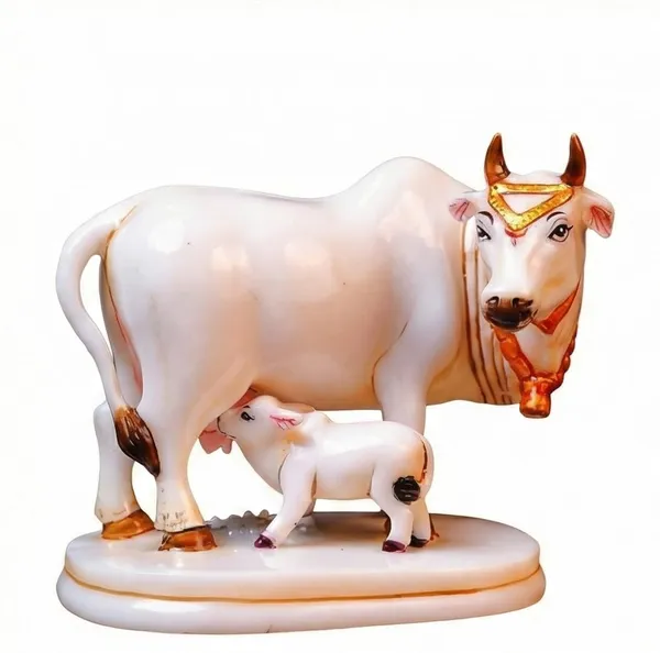 Earthen_Handcrafted_Kamadhenu_Cow_And_Calf_Idol_Religious_Mother_Cow_Gau_Mata_Statue_For_Home_Decor_Office_Gift_Premium_White_Gold_Finish_Vastu_Decorative_Showpiece_9cm