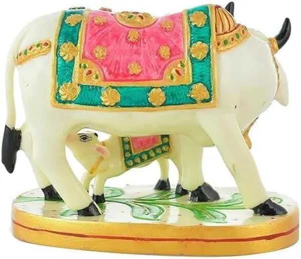 Earthen_Polyresin_Cow_And_Calf_Statue_Showpiece_Murti_For_Home_Office_Decorative_Gau_Mata_Sculpture_Idol_Size_7x4_Inch_White_Wedding