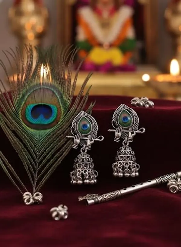 Anantkriti_Jewels_Oxidised_Silver_Krishna_Flute_Peacock_Feather_Jhumka_Earrings_Ethnic_Bansuri_Mor_Pankh_Design_Traditional_Temple_Jewellery_For_Women_Girls