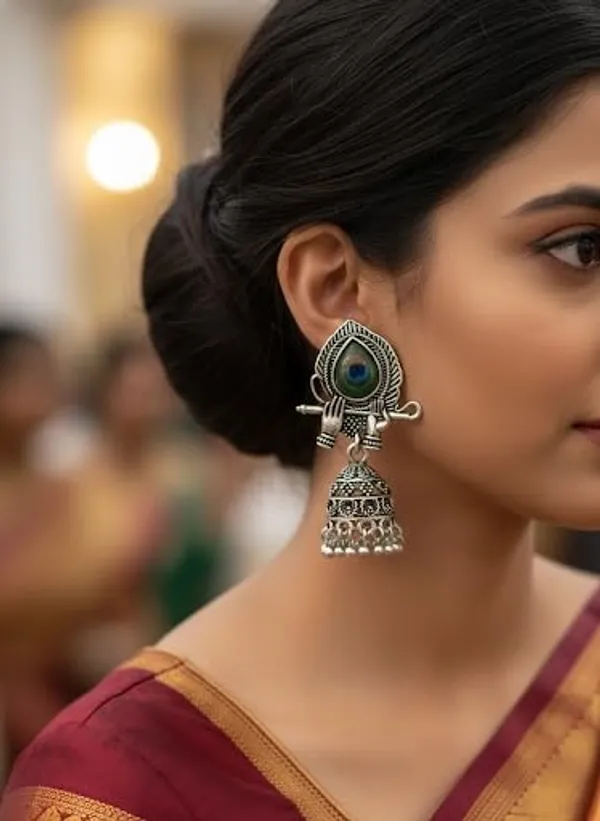 Anantkriti_Jewels_Oxidised_Silver_Krishna_Flute_Peacock_Feather_Jhumka_Earrings_Ethnic_Bansuri_Mor_Pankh_Design_Traditional_Temple_Jewellery_For_Women_Girls