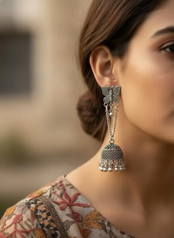 Anantkriti_Jewels_Silver_Oxidised_Butterfly_Long_Chain_Jhumka_Earrings_Boho_Style_Geometric_Drop_Jhumki_Antique_German_Silver_Finish