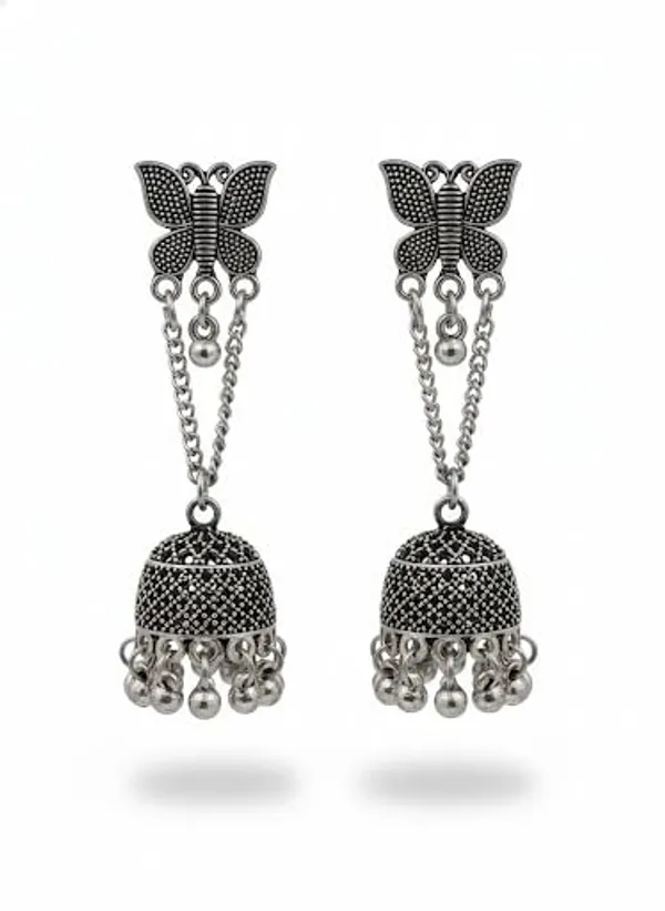 Anantkriti_Jewels_Silver_Oxidised_Butterfly_Long_Chain_Jhumka_Earrings_Boho_Style_Geometric_Drop_Jhumki_Antique_German_Silver_Finish