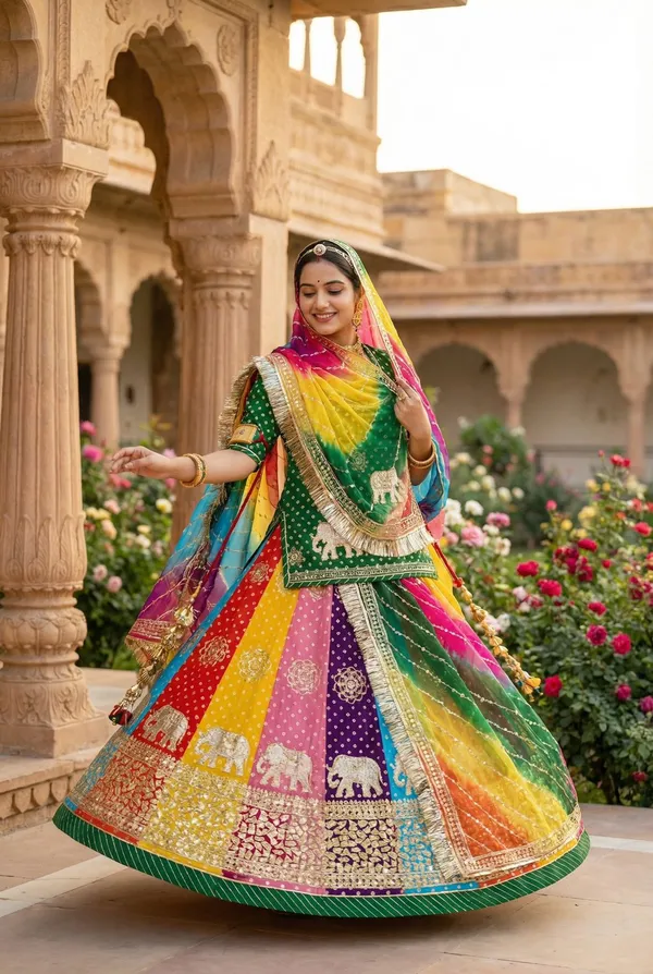 Traditional_Rajasthani_Multicolor_Bandhani_Lehenga_Choli_Set_with_Elephant_Motifs