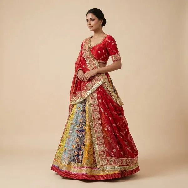 Traditional_Red_Lehenga_Choli_with_Multicolor_Panels