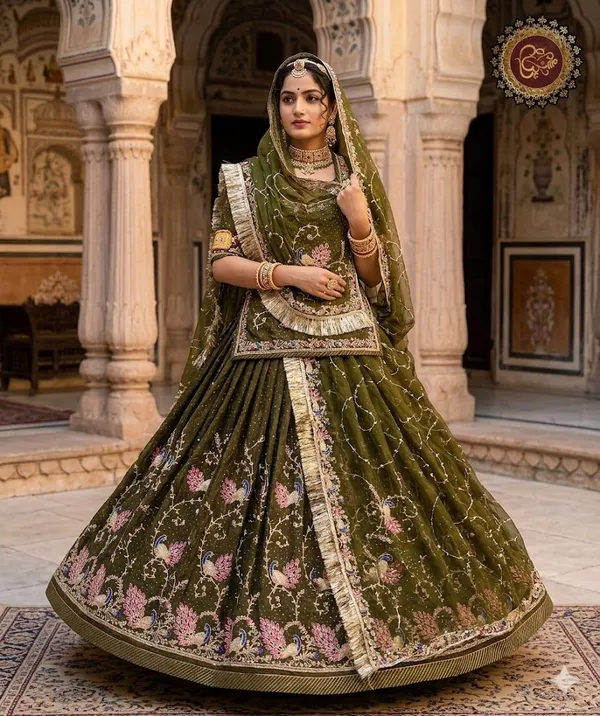Olive_Green_Embroidered_Lehenga_Choli_with_Dupatta__Traditional_Indian_Bridal_Wear