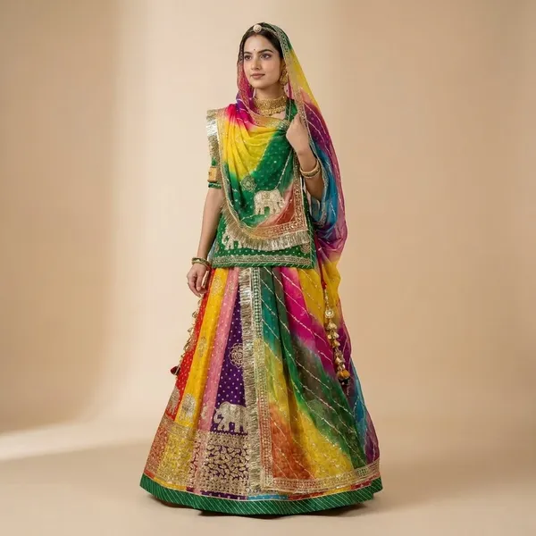Traditional_Rajasthani_Multicolor_Bandhani_Lehenga_Choli_Set_with_Elephant_Motifs