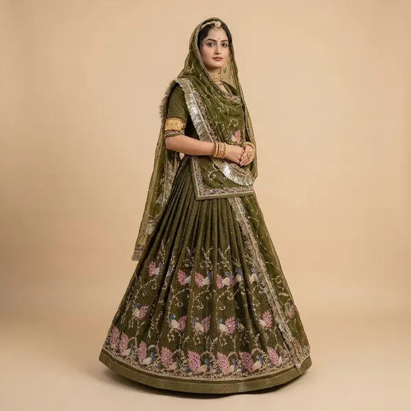 Olive_Green_Embroidered_Lehenga_Choli_with_Dupatta__Traditional_Indian_Bridal_Wear