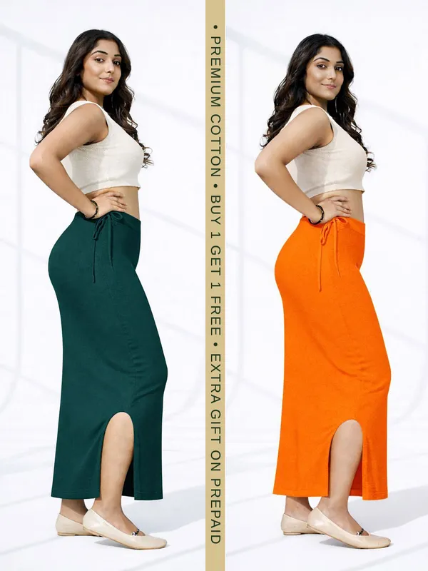 Buy_1_Get_1_Premium_Dark_Green_And_Orange_Cotton_Blend_Saree_Petticoat_For_Women_Stretchable_Fishcut_Shapewear_Underskirt