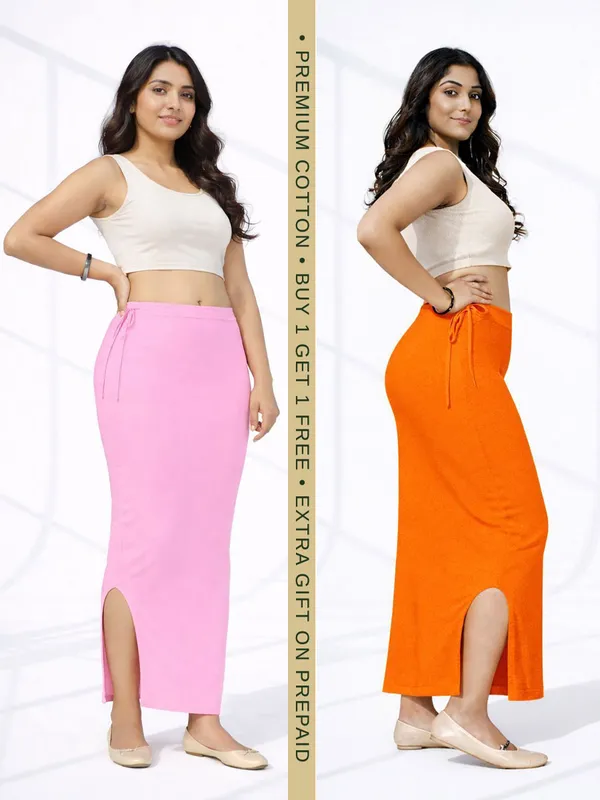 Buy_1_Get_1_Premium_Baby_Pink_And_Orange_Cotton_Blend_Saree_Petticoat_For_Women_Stretchable_Fishcut_Shapewear_Underskirt