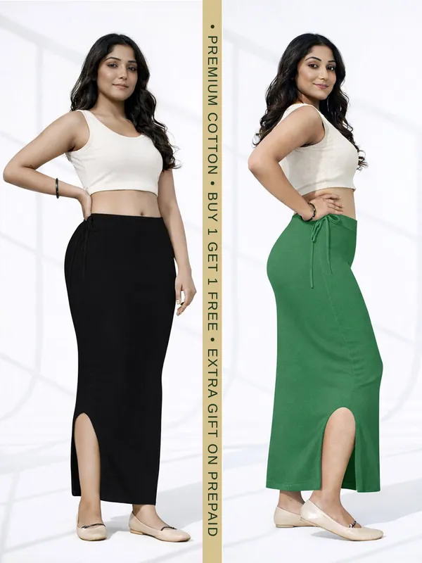Buy_1_Get_1_Premium_Black_And_Green_Cotton_Blend_Saree_Petticoat_For_Women_Stretchable_Fishcut_Shapewear_Underskirt