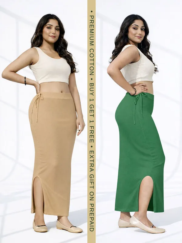 Buy_1_Get_1_Premium_Chikoo_And_Green_Cotton_Blend_Saree_Petticoat_For_Women_Stretchable_Fishcut_Shapewear_Underskirt