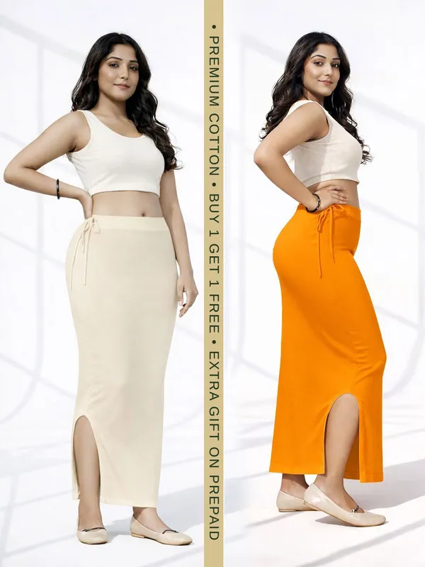 Buy_1_Get_1_Premium_Beige_And_Mustard_Cotton_Blend_Saree_Petticoat_For_Women_Stretchable_Fishcut_Shapewear_Underskirt