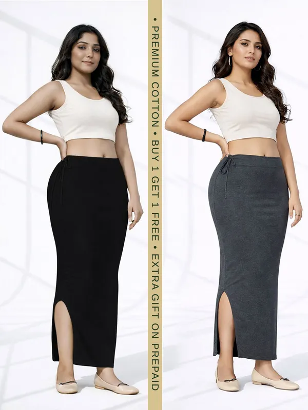 Buy_1_Get_1_Premium_Black_And_Grey_Cotton_Blend_Saree_Petticoat_For_Women_Stretchable_Fishcut_Shapewear_Underskirt