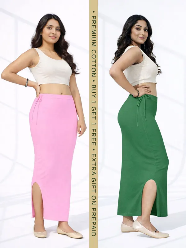 Buy_1_Get_1_Premium_Baby_Pink_And_Green_Cotton_Blend_Saree_Petticoat_For_Women_Stretchable_Fishcut_Shapewear_Underskirt