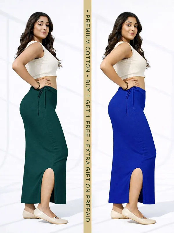 Buy_1_Get_1_Premium_Dark_Green_And_Navy_Blue_Cotton_Blend_Saree_Petticoat_For_Women_Stretchable_Fishcut_Shapewear_Underskirt