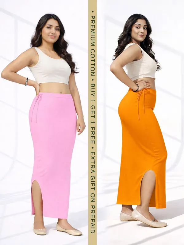 Buy_1_Get_1_Premium_Baby_Pink_And_Mustard_Cotton_Blend_Saree_Petticoat_For_Women_Stretchable_Fishcut_Shapewear_Underskirt