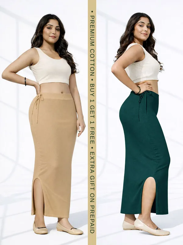 Buy_1_Get_1_Premium_Chikoo_And_Dark_Green_Cotton_Blend_Saree_Petticoat_For_Women_Stretchable_Fishcut_Shapewear_Underskirt