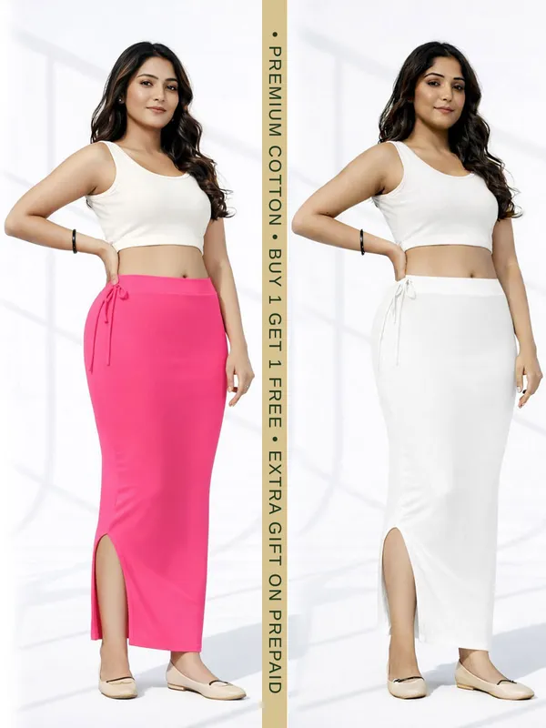 Buy_1_Get_1_Premium_Pink_And_White_Cotton_Blend_Saree_Petticoat_For_Women_Stretchable_Fishcut_Shapewear_Underskirt