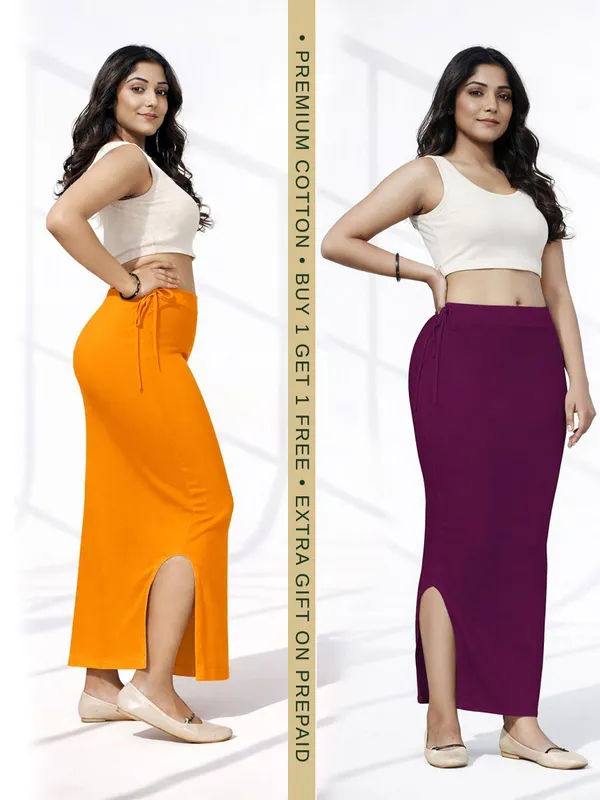 Buy_1_Get_1_Premium_Orange_And_Wine_Cotton_Blend_Saree_Petticoat_For_Women_Stretchable_Fishcut_Shapewear_Underskirt