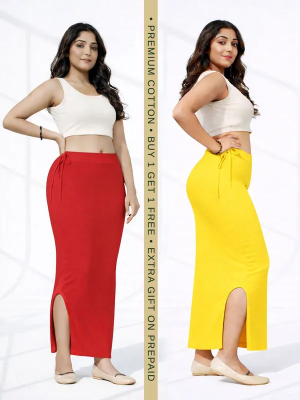 Buy_1_Get_1_Premium_Red_And_Yellow_Cotton_Blend_Saree_Petticoat_For_Women_Stretchable_Fishcut_Shapewear_Underskirt