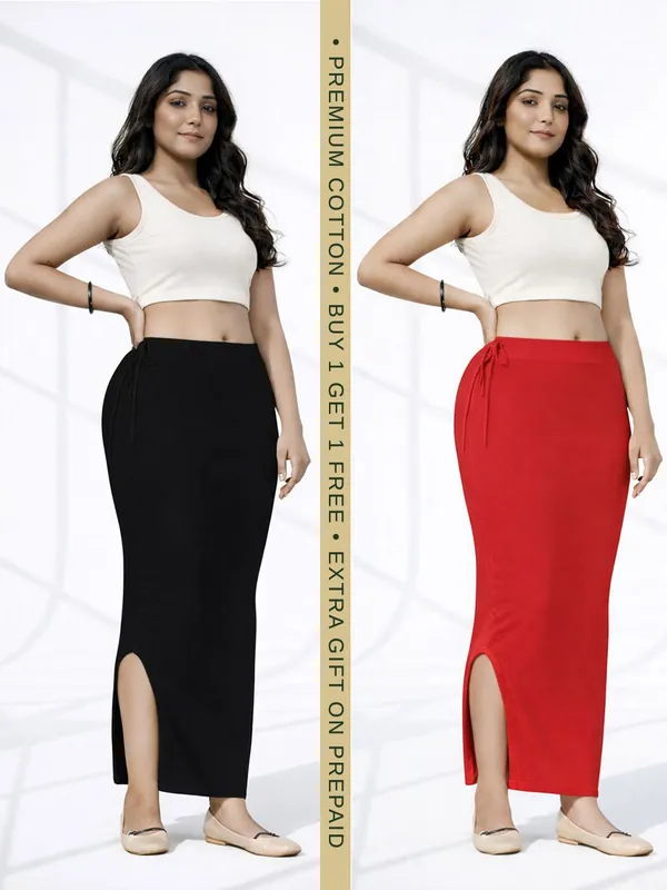 Premium_Black_Red_Cotton_Blend_Saree_Petticoat_For_Women_Stretchable_Fishcut_Shapewear_Underskirt
