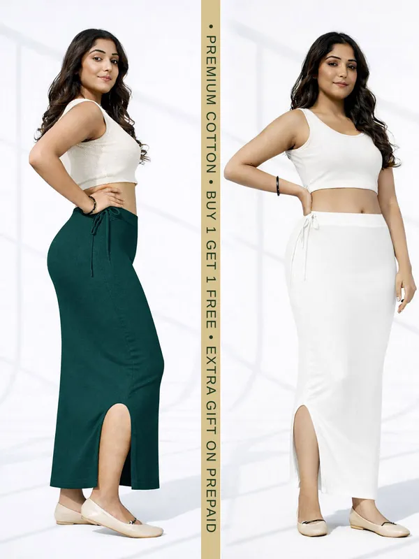 Buy_1_Get_1_Premium_Dark_Green_And_White_Cotton_Blend_Saree_Petticoat_For_Women_Stretchable_Fishcut_Shapewear_Underskirt