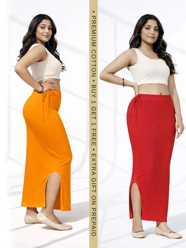 Buy_1_Get_1_Premium_Orange_And_Red_Cotton_Blend_Saree_Petticoat_For_Women_Stretchable_Fishcut_Shapewear_Underskirt
