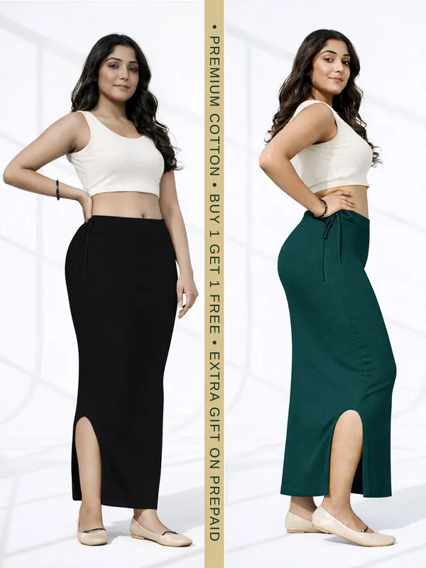 Buy_1_Get_1_Premium_Black_And_Dark_Green_Cotton_Blend_Saree_Petticoat_For_Women_Stretchable_Fishcut_Shapewear_Underskirt