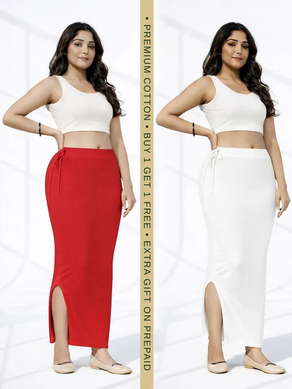 Buy_1_Get_1_Premium_Red_And_White_Cotton_Blend_Saree_Petticoat_For_Women_Stretchable_Fishcut_Shapewear_Underskirt