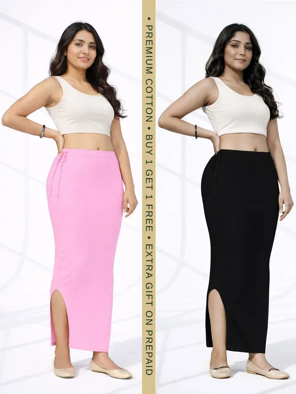 Buy_1_Get_1_Premium_Baby_Pink_And_Black_Cotton_Blend_Saree_Petticoat_For_Women_Stretchable_Fishcut_Shapewear_Underskirt