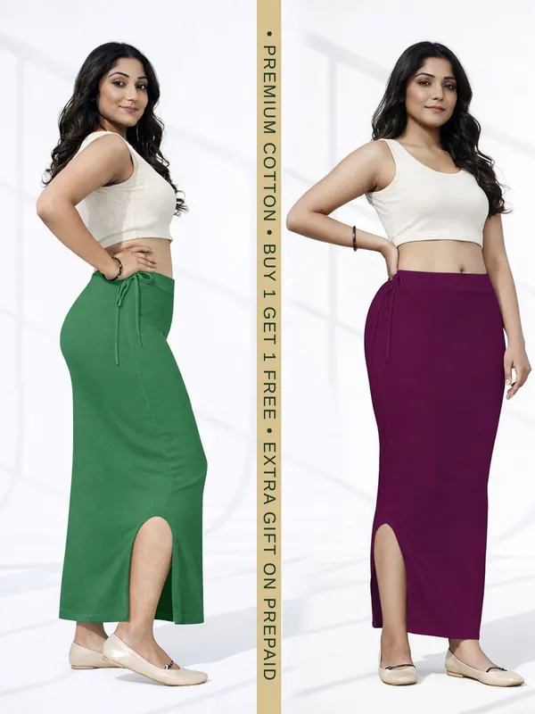 Buy_1_Get_1_Premium_Green_And_Wine_Cotton_Blend_Saree_Petticoat_For_Women_Stretchable_Fishcut_Shapewear_Underskirt