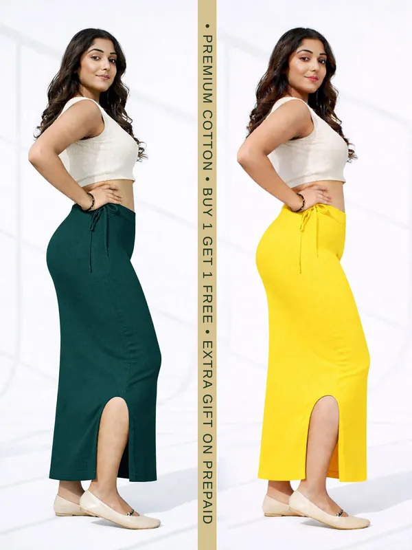 Buy_1_Get_1_Premium_Dark_Green_And_Yellow_Cotton_Blend_Saree_Petticoat_For_Women_Stretchable_Fishcut_Shapewear_Underskirt