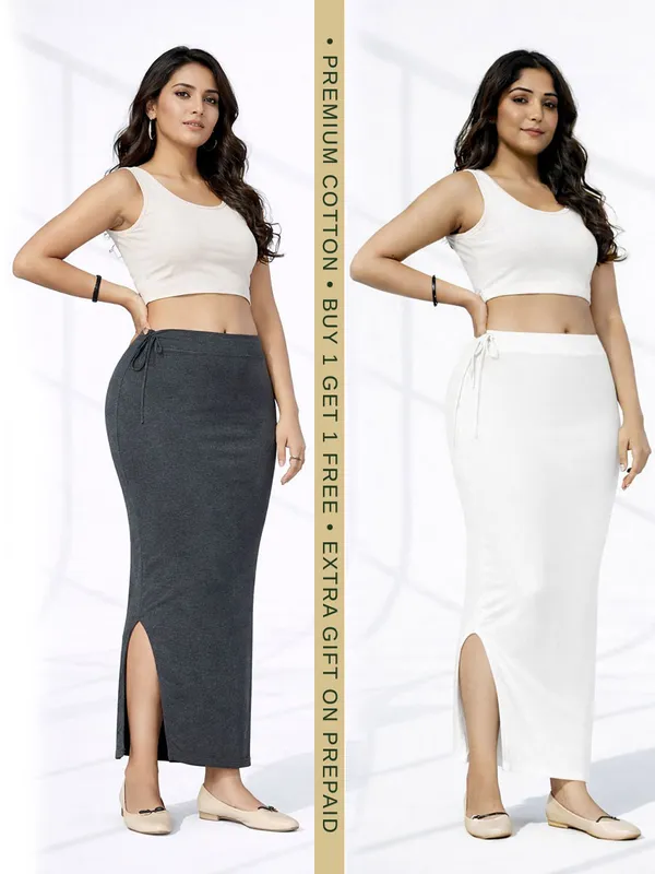 Buy_1_Get_1_Premium_Grey_And_White_Cotton_Blend_Saree_Petticoat_For_Women_Stretchable_Fishcut_Shapewear_Underskirt