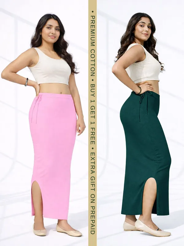 Buy_1_Get_1_Premium_Baby_Pink_And_Dark_Green_Cotton_Blend_Saree_Petticoat_For_Women_Stretchable_Fishcut_Shapewear_Underskirt