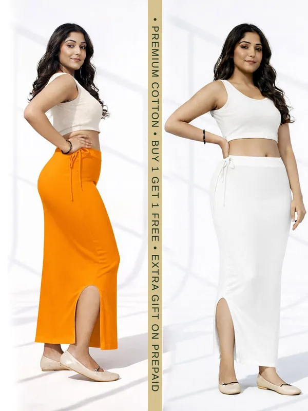 Buy_1_Get_1_Premium_Orange_And_White_Cotton_Blend_Saree_Petticoat_For_Women_Stretchable_Fishcut_Shapewear_Underskirt