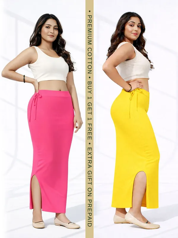 Buy_1_Get_1_Premium_Pink_And_Yellow_Cotton_Blend_Saree_Petticoat_For_Women_Stretchable_Fishcut_Shapewear_Underskirt