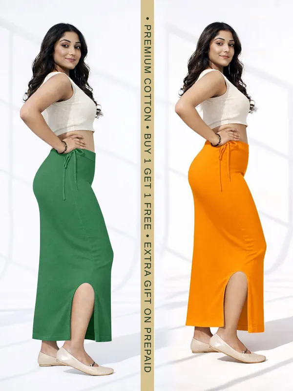 Buy_1_Get_1_Premium_Green_And_Mustard_Cotton_Blend_Saree_Petticoat_For_Women_Stretchable_Fishcut_Shapewear_Underskirt