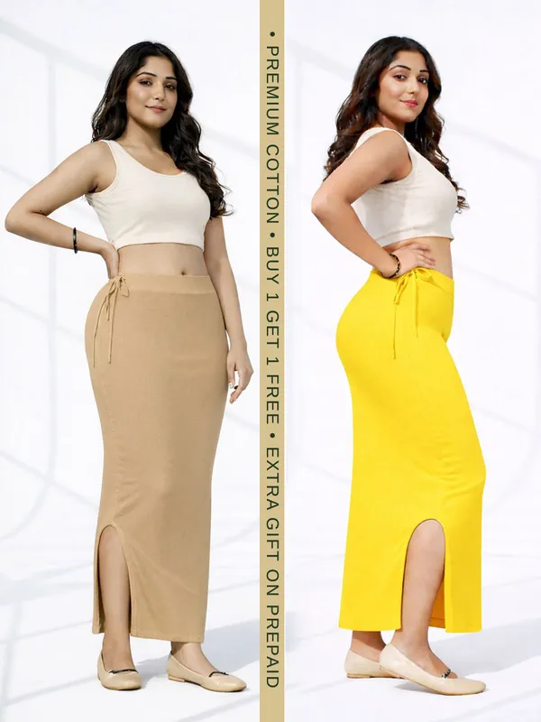 Buy_1_Get_1_Premium_Chikoo_And_Yellow_Cotton_Blend_Saree_Petticoat_For_Women_Stretchable_Fishcut_Shapewear_Underskirt