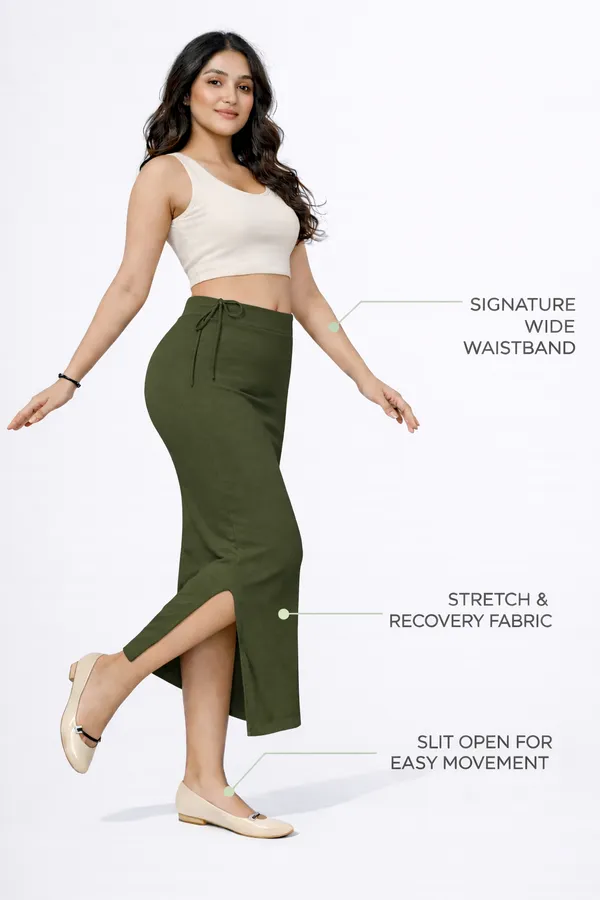 Premium_Olive_Green_Cotton_Blend_Saree_Petticoat_For_Women_Stretchable_Fishcut_Shapewear_Underskirt