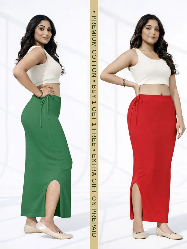 Buy_1_Get_1_Premium_Green_And_Red_Cotton_Blend_Saree_Petticoat_For_Women_Stretchable_Fishcut_Shapewear_Underskirt