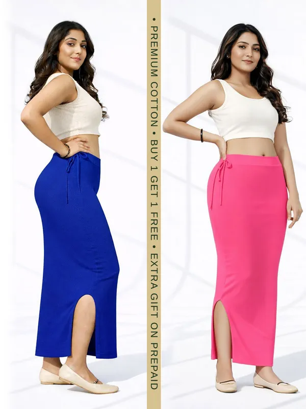Buy_1_Get_1_Premium_Navy_Blue_And_Pink_Cotton_Blend_Saree_Petticoat_For_Women_Stretchable_Fishcut_Shapewear_Underskirt