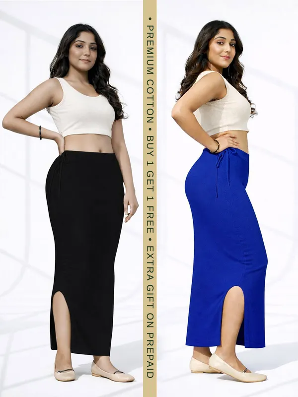 Buy_1_Get_1_Premium_Black_And_Navy_Blue_Cotton_Blend_Saree_Petticoat_For_Women_Stretchable_Fishcut_Shapewear_Underskirt