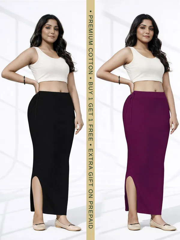 Buy_1_Get_1_Premium_Black_And_Wine_Cotton_Blend_Saree_Petticoat_For_Women_Stretchable_Fishcut_Shapewear_Underskirt