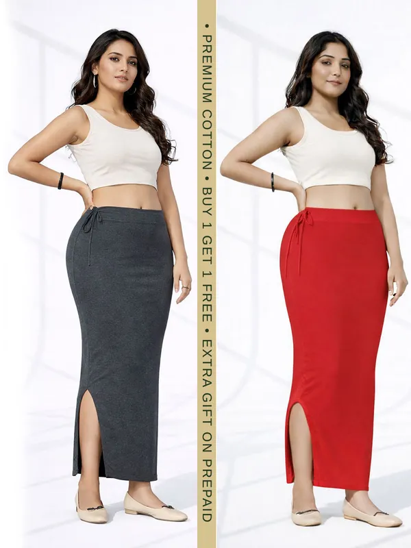 Buy_1_Get_1_Premium_Grey_And_Red_Cotton_Blend_Saree_Petticoat_For_Women_Stretchable_Fishcut_Shapewear_Underskirt