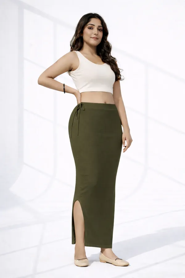 Premium_Olive_Green_Cotton_Blend_Saree_Petticoat_For_Women_Stretchable_Fishcut_Shapewear_Underskirt