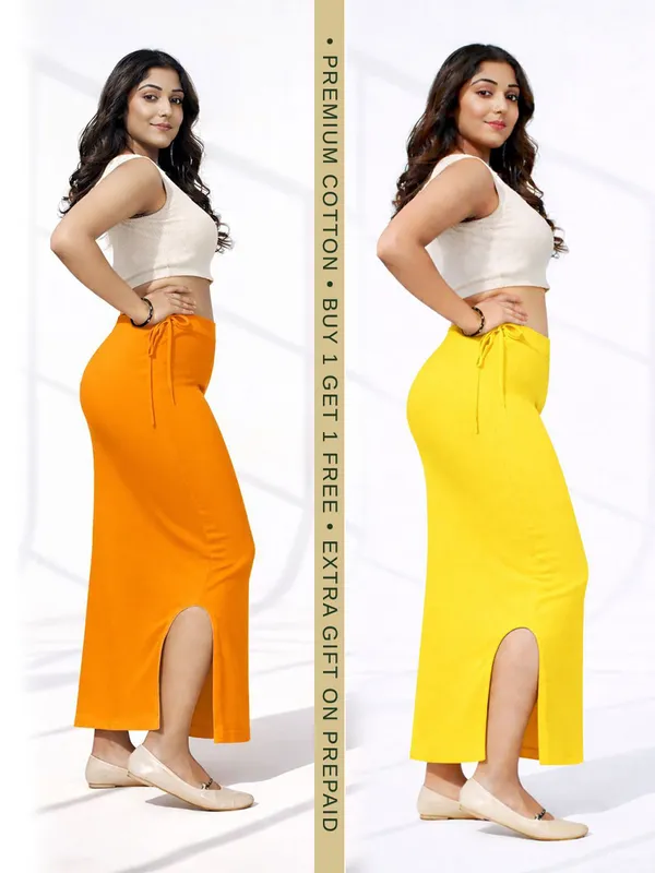 Buy_1_Get_1_Premium_Mustard_And_Yellow_Cotton_Blend_Saree_Petticoat_For_Women_Stretchable_Fishcut_Shapewear_Underskirt