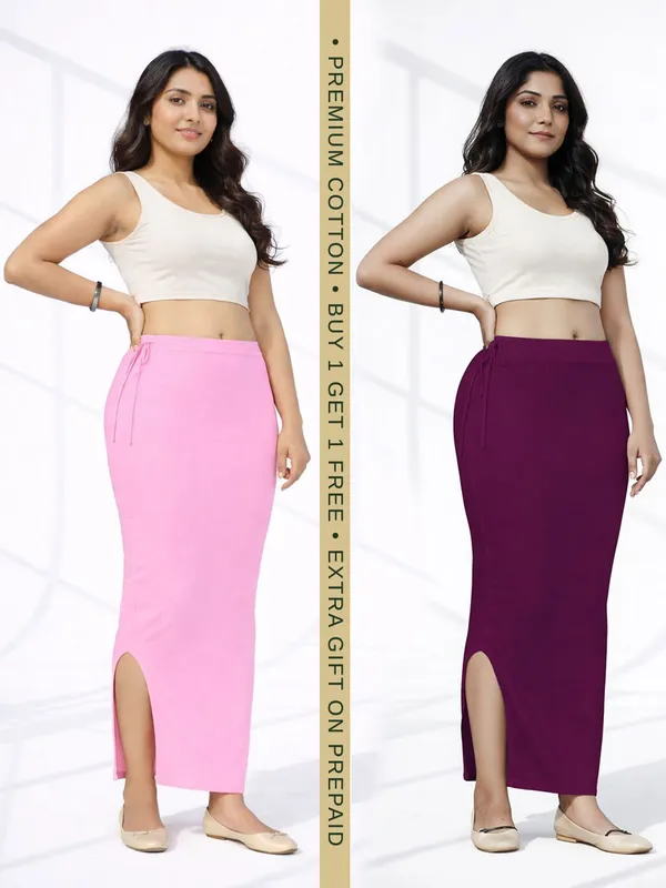 Buy_1_Get_1_Premium_Baby_Pink_And_Wine_Cotton_Blend_Saree_Petticoat_For_Women_Stretchable_Fishcut_Shapewear_Underskirt