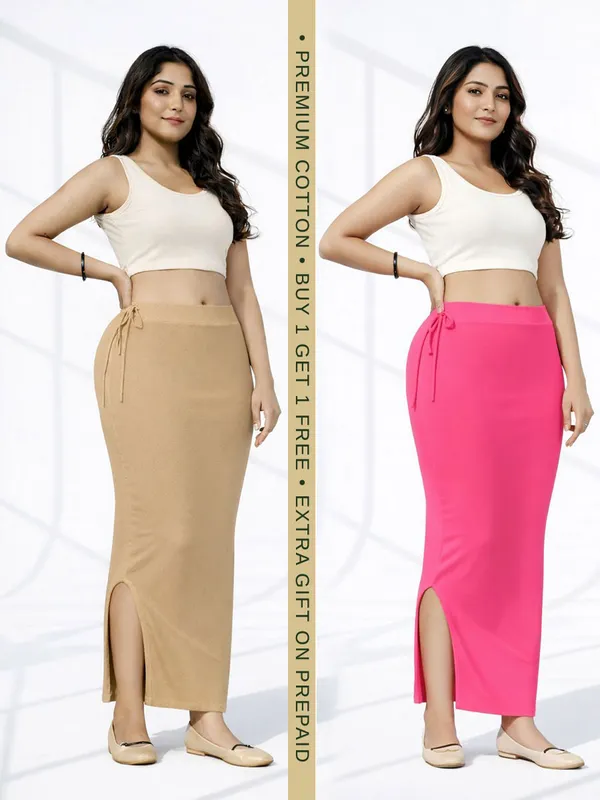 Buy_1_Get_1_Premium_Chikoo_And_Pink_Cotton_Blend_Saree_Petticoat_For_Women_Stretchable_Fishcut_Shapewear_Underskirt