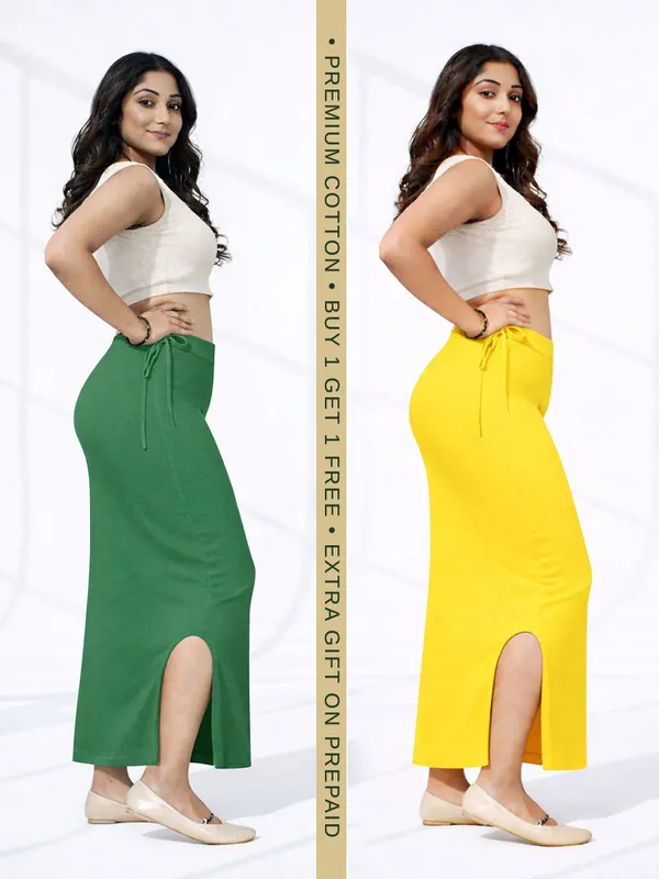 Buy_1_Get_1_Premium_Green_And_Yellow_Cotton_Blend_Saree_Petticoat_For_Women_Stretchable_Fishcut_Shapewear_Underskirt