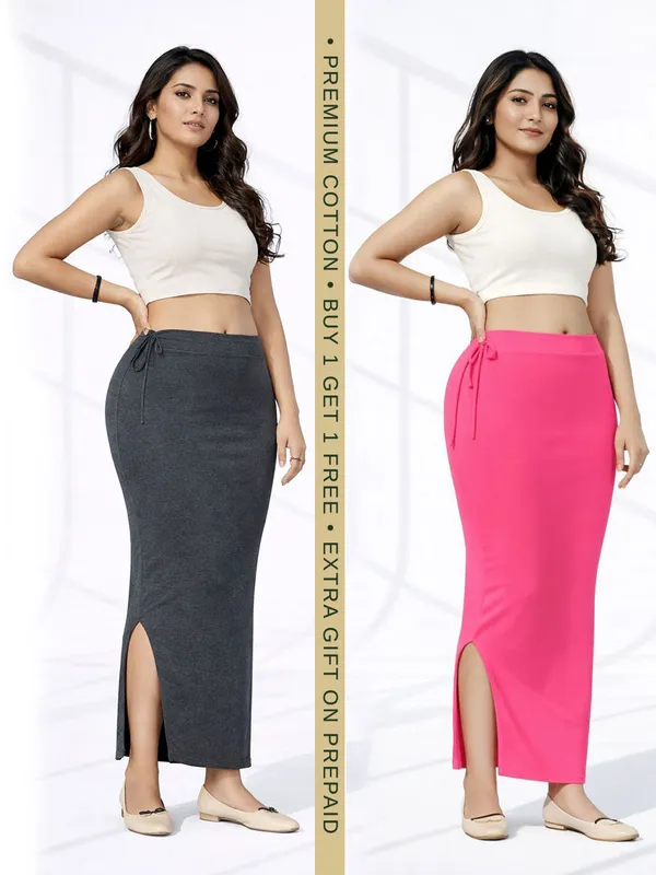 Buy_1_Get_1_Premium_Grey_And_Pink_Cotton_Blend_Saree_Petticoat_For_Women_Stretchable_Fishcut_Shapewear_Underskirt